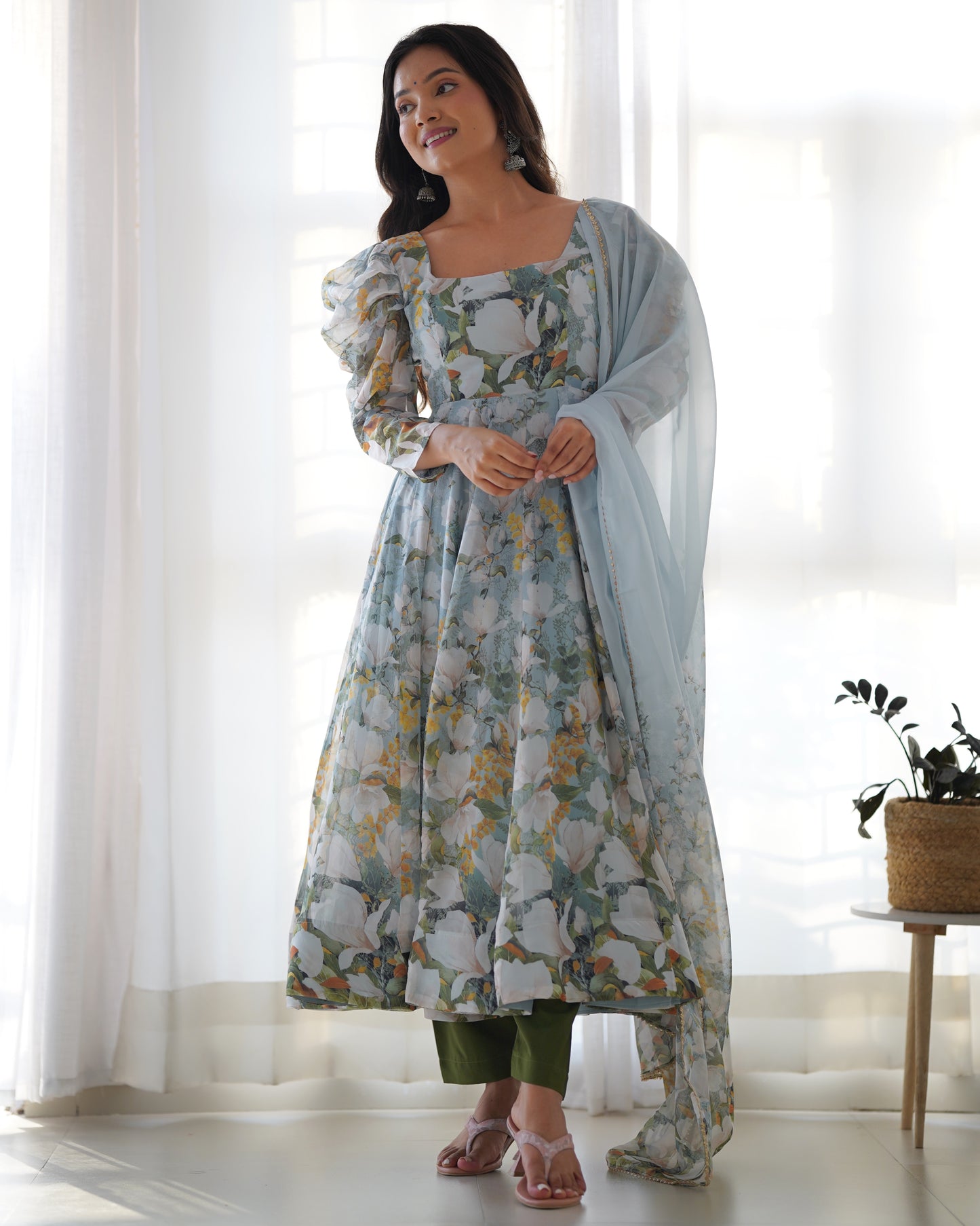 Women's Gorgeous Printed Organza Silk Fabric Flared Anarkali Pant and Dupatta Set