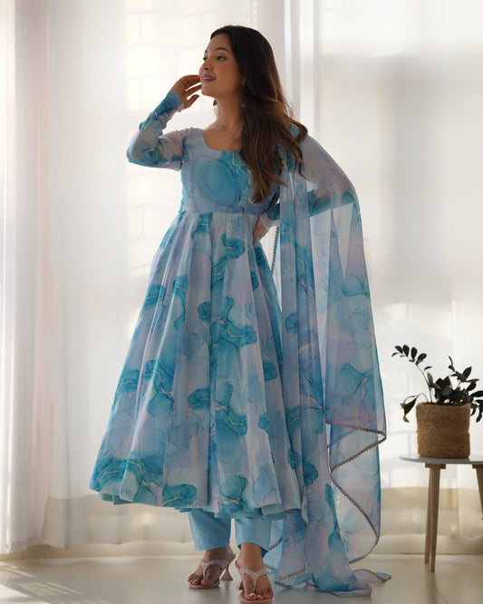 Women's Beautiful Printed Organza Silk Fabric Flared Anarkali Pant and Dupatta Set