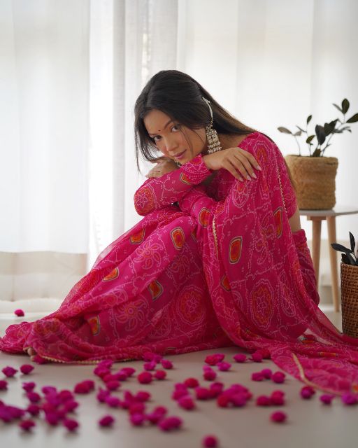 These are results for Our Latest collection of Ready to Wear saree bandhej printed is timeless addition