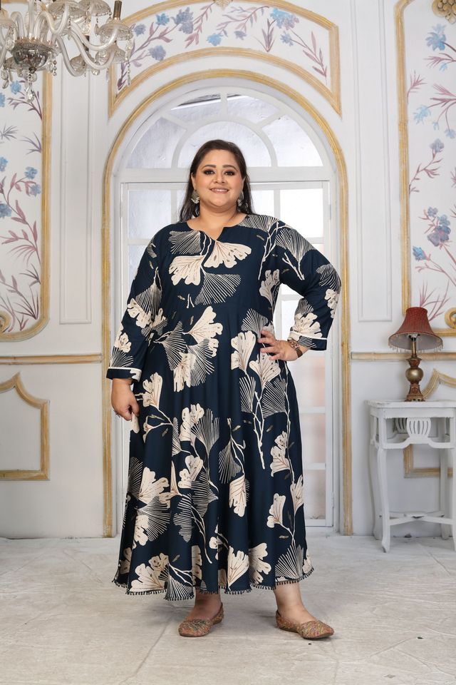 Blue Color Rayon Fabric Designer Printed Plus Size Kurta For Girls