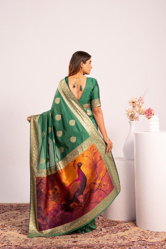 Parrot Green Color Banarasi Silk Fabric Designer Partywear Saree