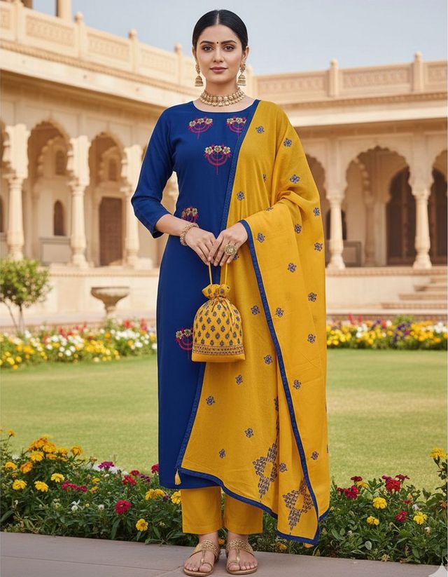 Blue Color Cotton Slub Fabric Designer Casual Suit With Embroidery