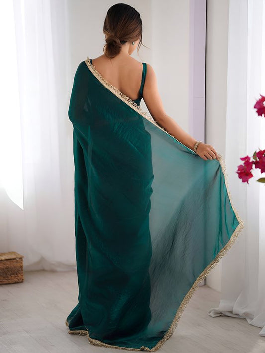 Rama Color Space Silk Fabric Saree With Zalar Lace Border Ethnic Girlie Saree