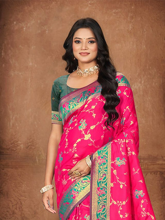 Rani Pink Color Silk Fabric Woven Designer Ethnic Partywear Saree
