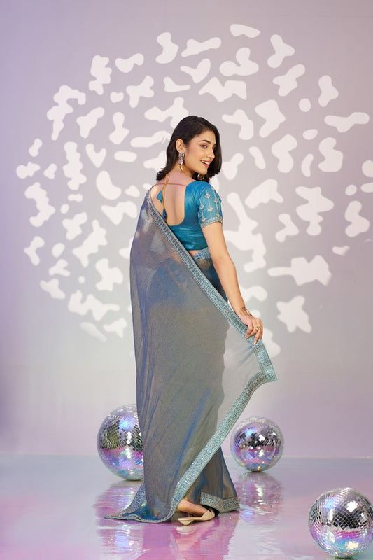 Grey Color Ethnic Embroidered Moss Chiffon Fabric Girlie Partywear Saree