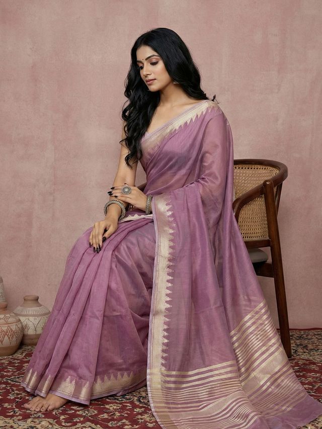Purple Color Blended Cotton Woven Designer Ceremonial Sober Looks Saree