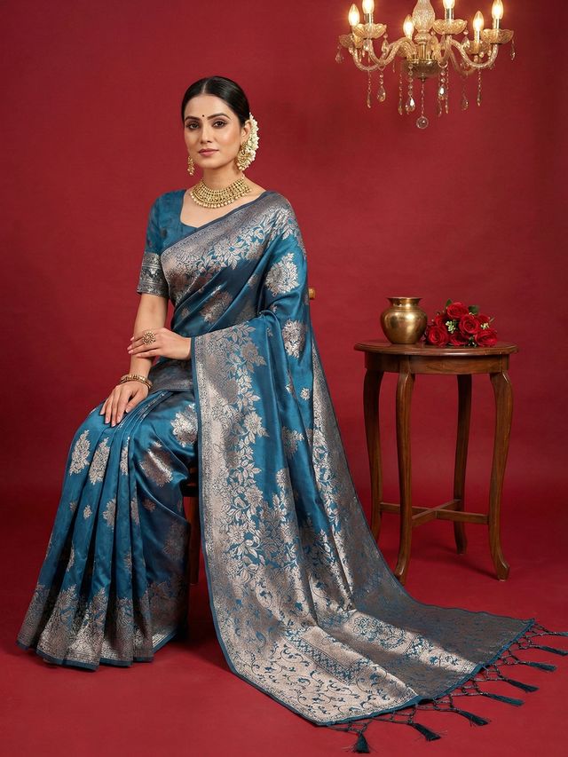 Teal Blue Color Beautiful Silk Blend Fabric Woven Designer Ethnic Ceremonial Saree