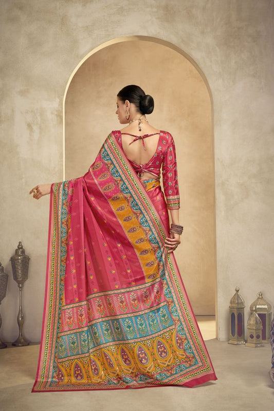 Graceful Ethnic Pink Color Bollywood Style Crepe Silk Designer Digital Foil Printed Saree
