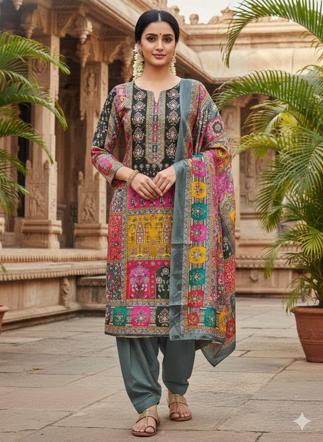 Grey Color Chinon Fabric Designer Printed Ethnic Ceremonial Suit