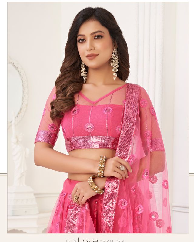 Pink Heavy Embroidery Net Semi Stitch A Line Lehenga With Blouse