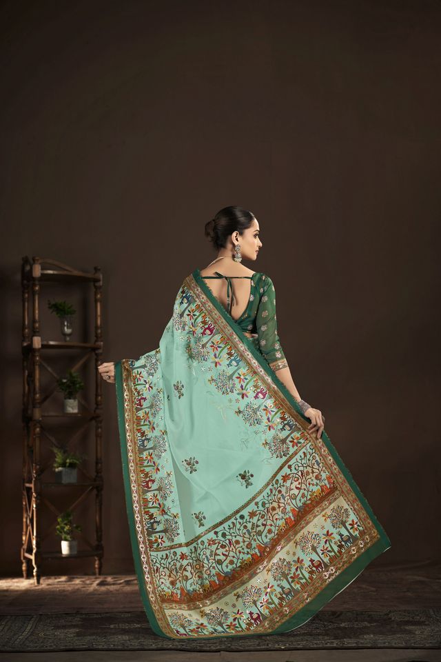Sky Blue Color Crepe Silk Fabric Designer Foil Printed Saree