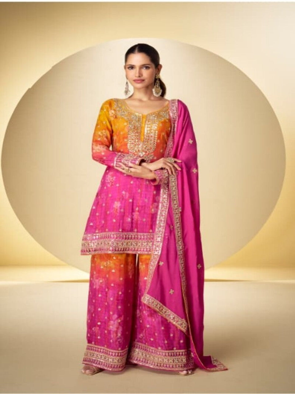 Heavy Chinon Silk Full Stitched Free size Upto 42 Gharara Suits