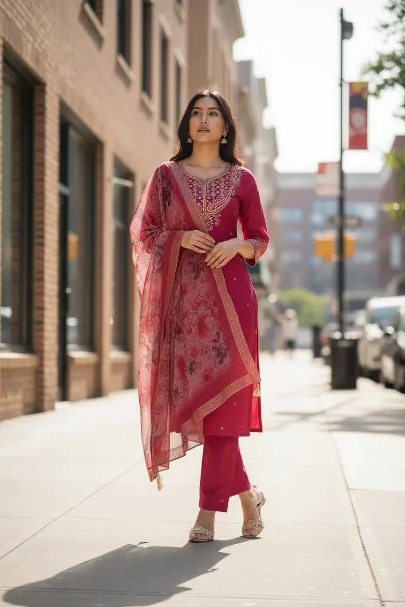 Women's Beautiful Chanderi Silk Fabric Embroidery Work Straight Kurta Pant and Dupatta Set