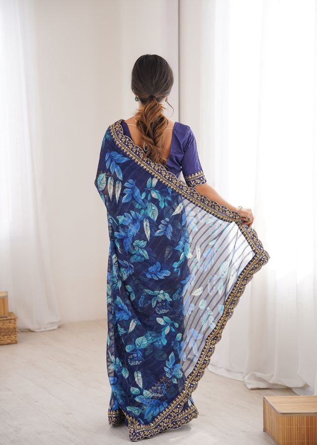 Blue Color Marble Patta Fabric Stylish Festive Special Saree