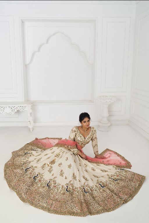 Amazing white Embroidered zari silk Designer bridal Lehenga