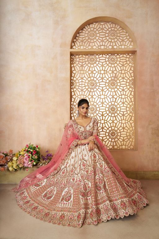 whimiscal white Imperial Patterned Embroidered Bridal Lehenga