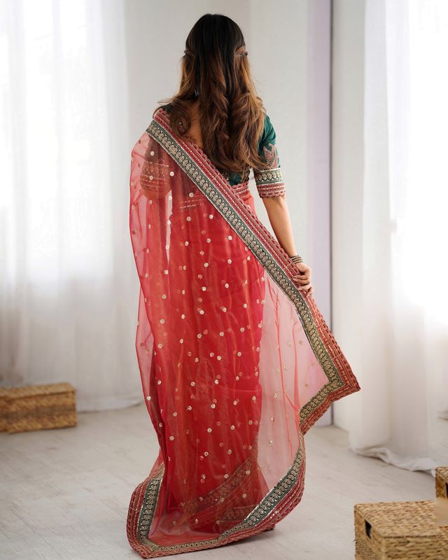 Red Color Banarasi Crush Fabric Graceful Partywear Sequins Embroidered Saree