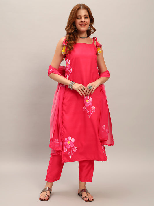 Floral Women's Crepe Fabric Straight Kurta,Pant and Dupatta Set