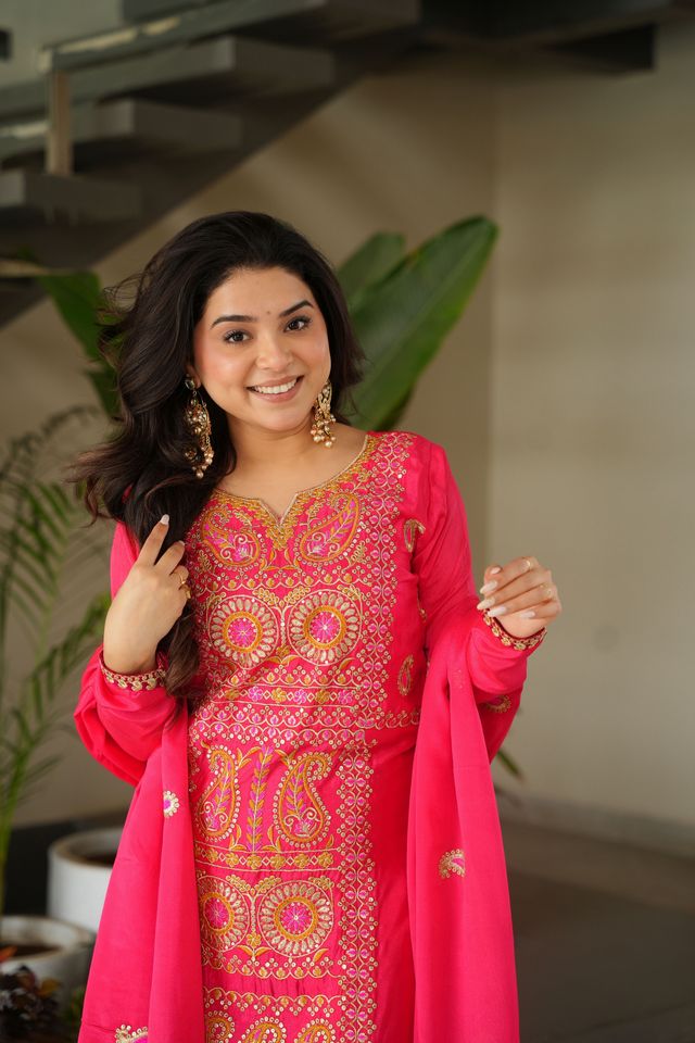 Gajri Color Chinon Fabric Designer Embroidery Work Suit for Trendy Girlie Looks