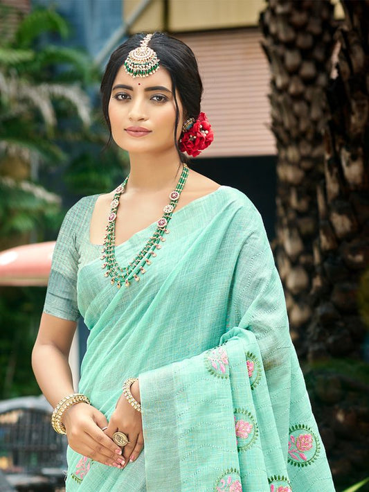 Sky Blue Color Linen Fabric Woven Designer Saree With Floral Embroidered Work