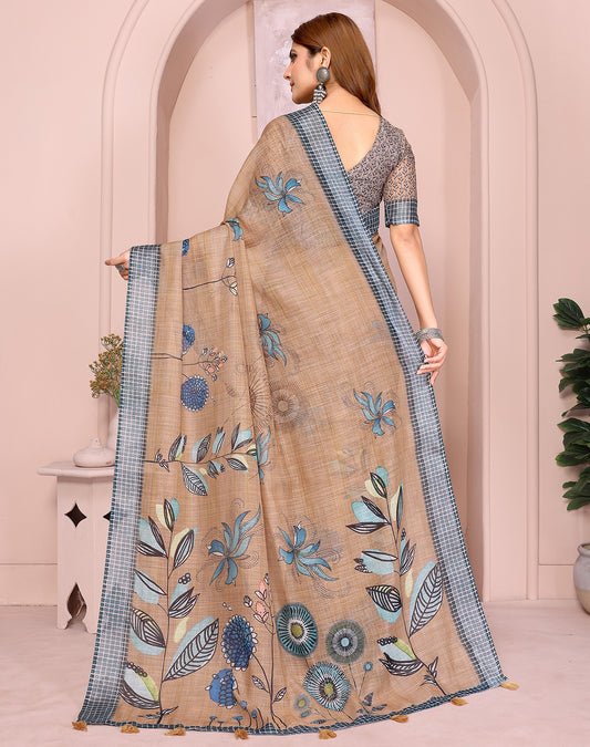 Chiku soft linen cotton printed silk saree with woven border