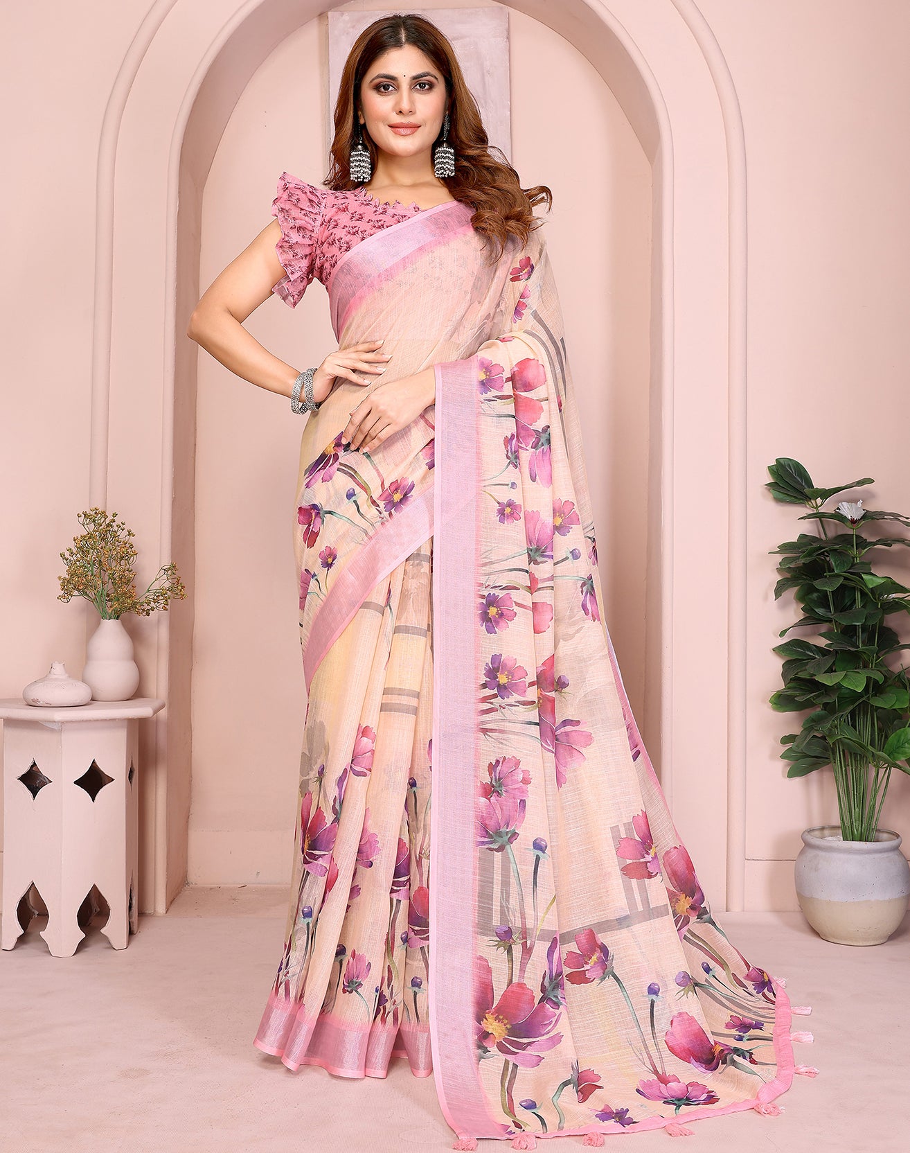 Baby Pink soft linen cotton printed silk saree with woven border