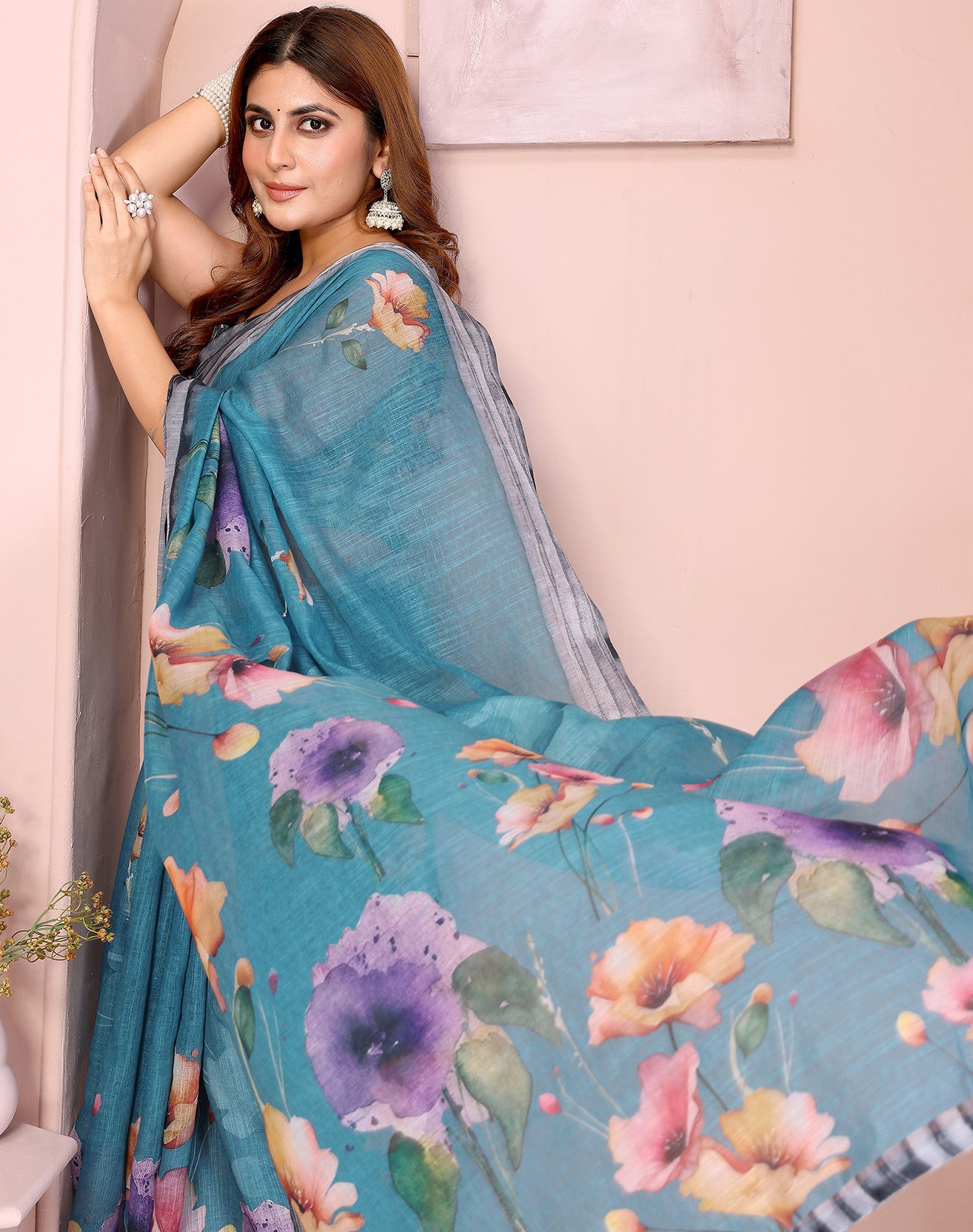 Blue soft linen cotton printed silk saree with woven border