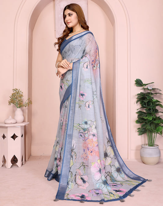 Navy Blue soft linen cotton printed silk saree with woven border