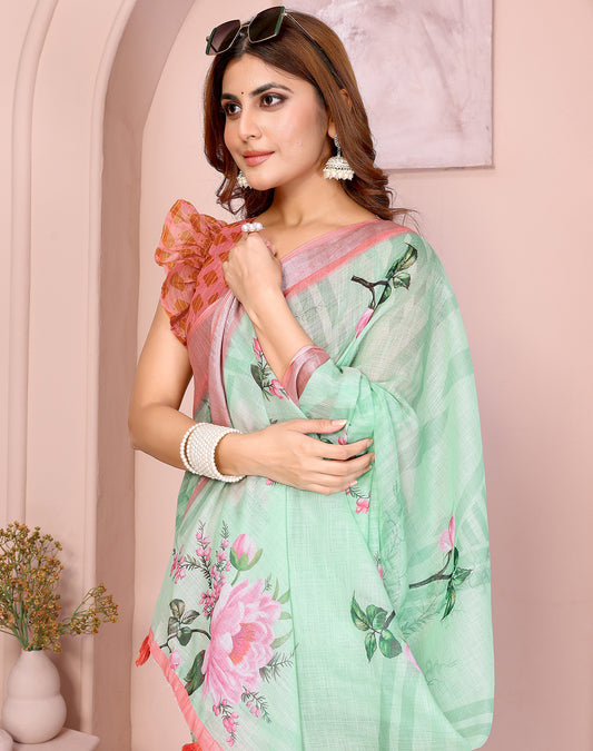 Green soft linen cotton printed silk saree with woven border