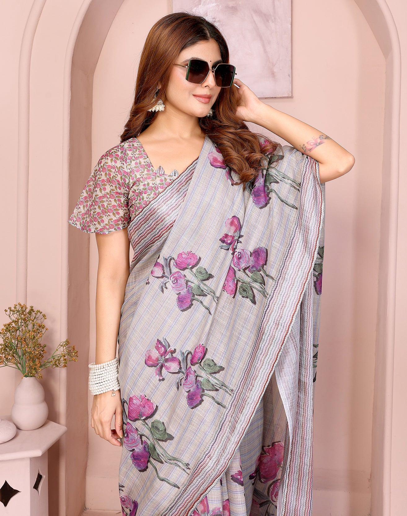Rose Pink soft linen cotton printed silk saree with woven border