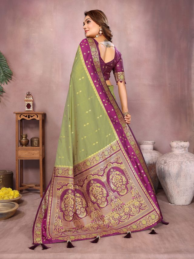 Pista Color Handloom Silk Fabric Weaving Designer Ethnic Partywear Saree