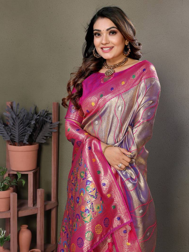 Lavender Pure Banarasi Tissue Silk With Leheriya Weaving Saree With Blouse