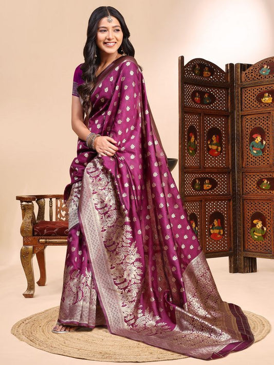Purple Color Ethnic Lichi Silk Fabric Graceful Woven Designer Saree