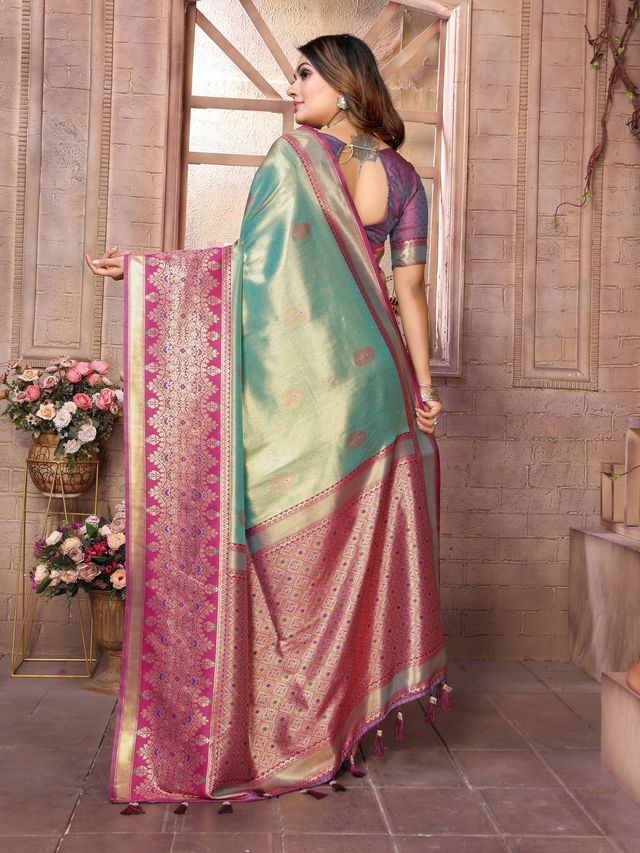 Sky Blue Color Banarasi Tissue Silk Ethnic Jacquard Weving Designer Ceremonial Saree