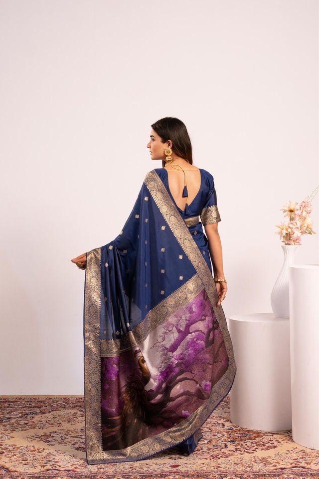 Navy Blue Color Banarasi Silk Saree For Festive Ethnic Saree