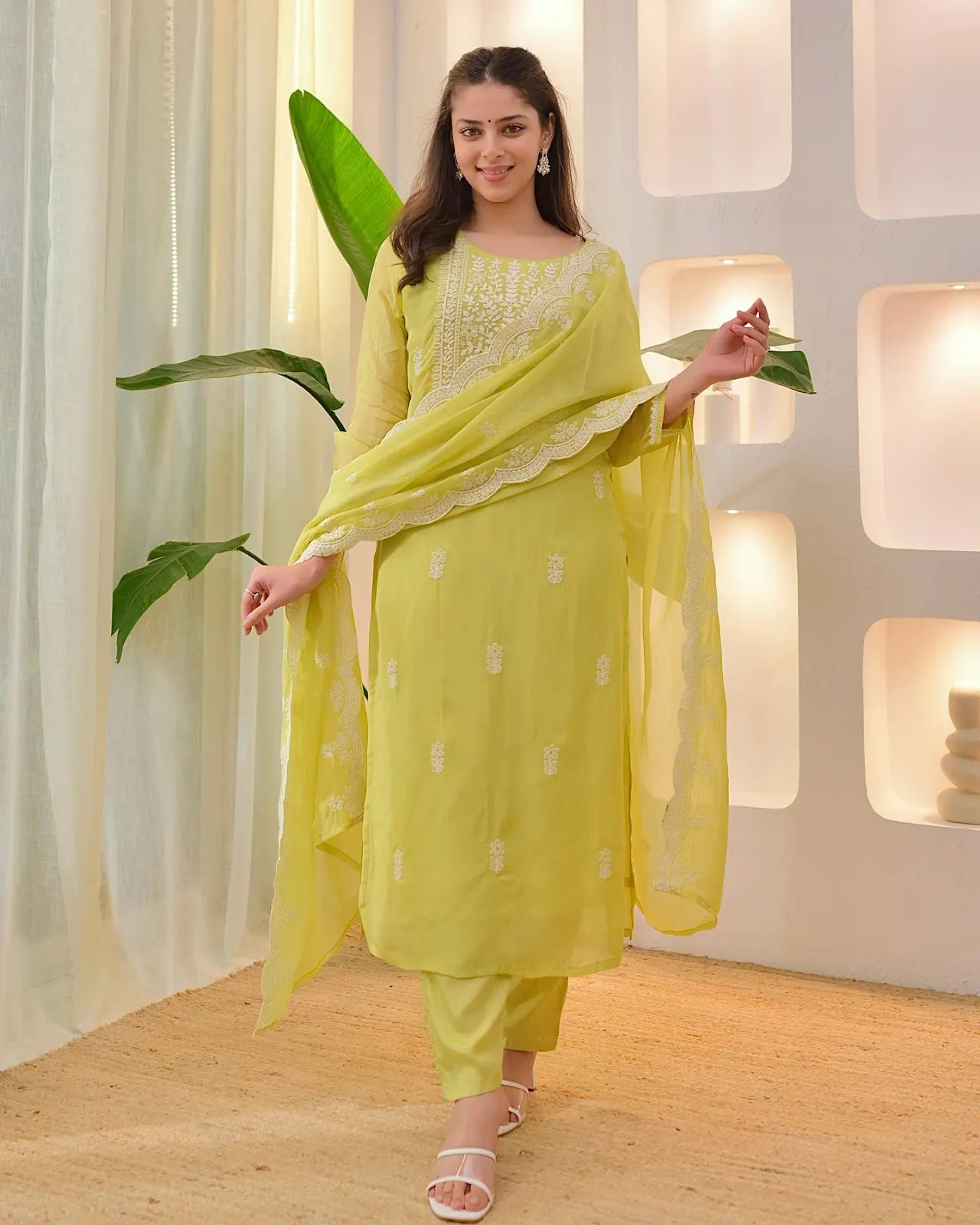 Women's Beautiful Chikankari Work Chanderi Fabric Straight Kurta Pant and Dupatta Set