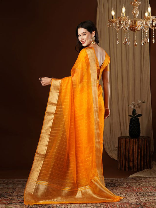 Mustard Color Girlie Organza Fabric Woven Jacquard Designer Saree