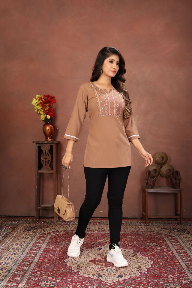 Brown Color Rinkal Cotton Fabric Formal Looking Casual Short Kurta