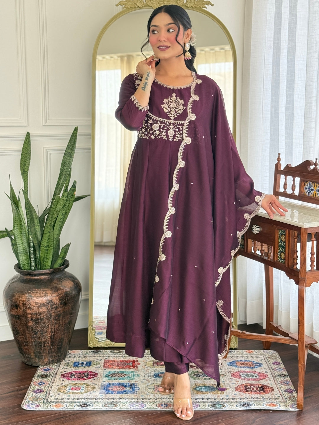 Women Beautiful Vichitra Silk Fabric Flared Kurta, Pant and Dupatta Set