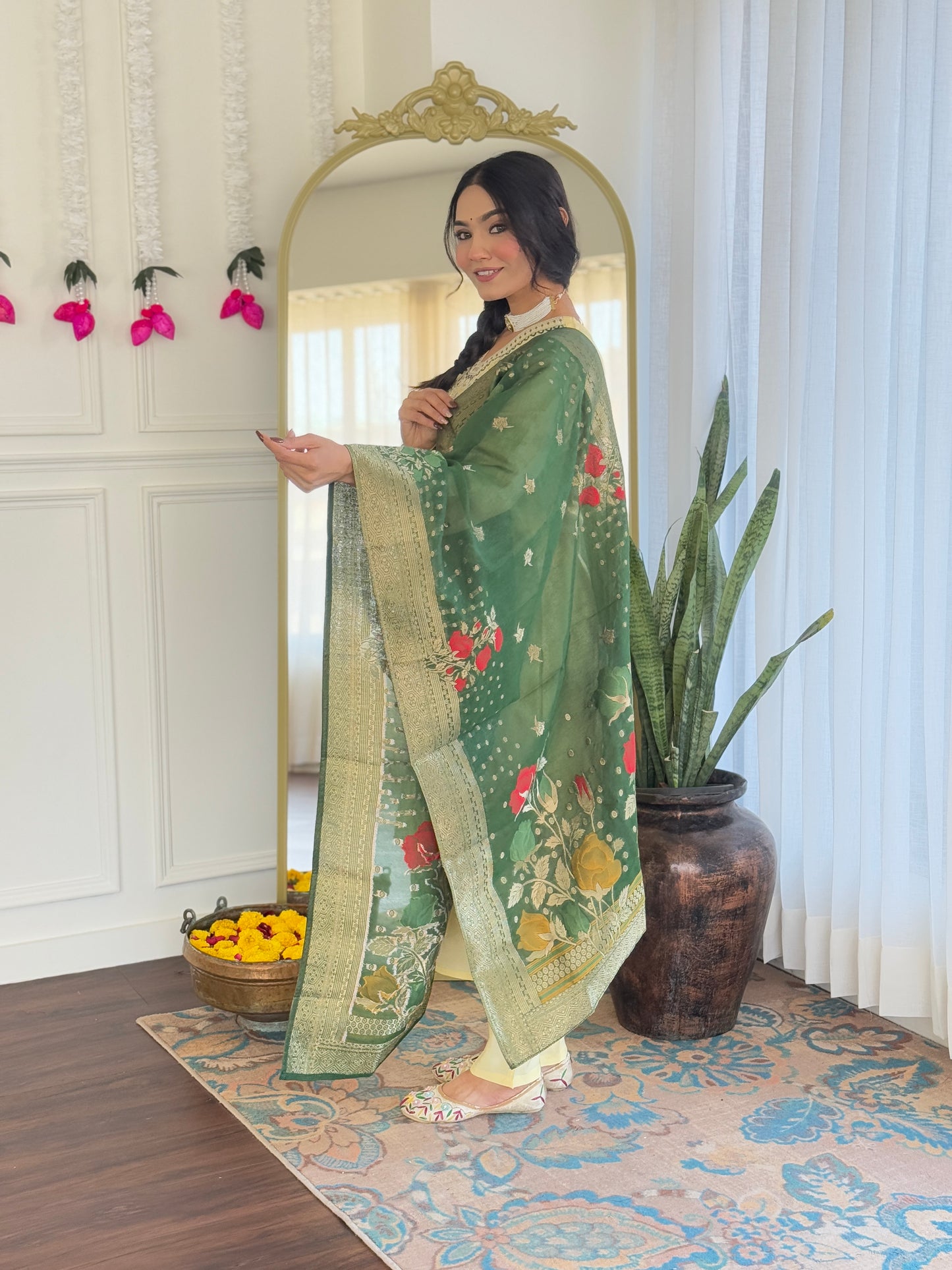 Yellow Women's Viscose Chanderi Fabric Straight Kurta, Pant and Dupatta Set