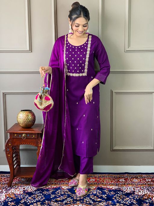 Violet Rayon Slub Fabric Embroidered work Straight cut Kurta, Pant and Dupatta Set