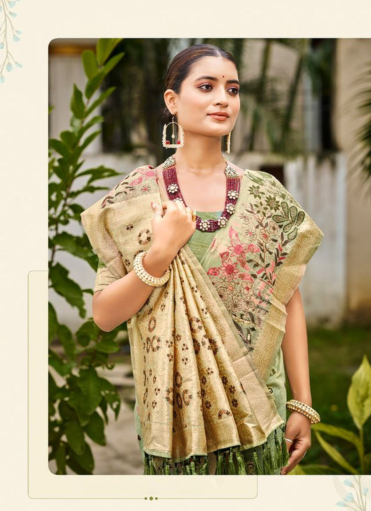 Green Color Cotton Silk Fabric Woven Meenakari Designer Saree