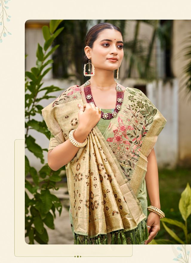 Green Color Cotton Silk Fabric Woven Meenakari Designer Saree