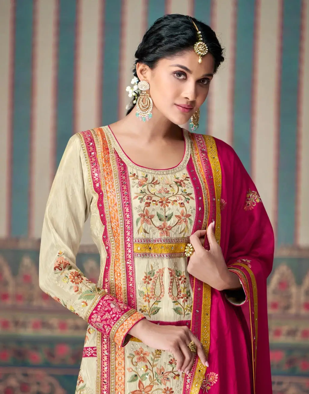 Pink Embroidered Silk Fully Stitched Plazo suit
