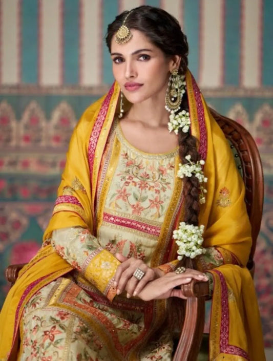 Yellow Embroidered Silk Fully Stitched Plazo suit