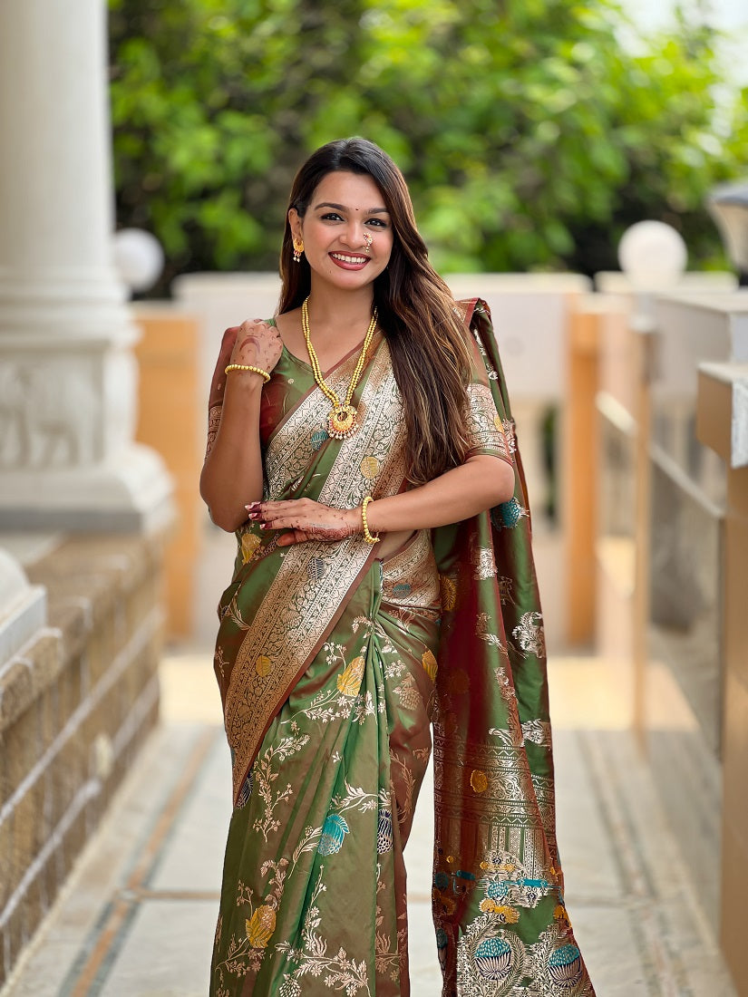 Mehendi Soft Banarasi Silk Meenakari Weaving Saree With Unstitched Blouse