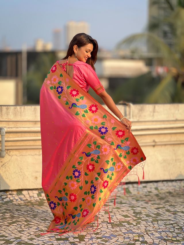 Baby Pink Color Paithani Silk Fabric Woven Designer Partywear Saree