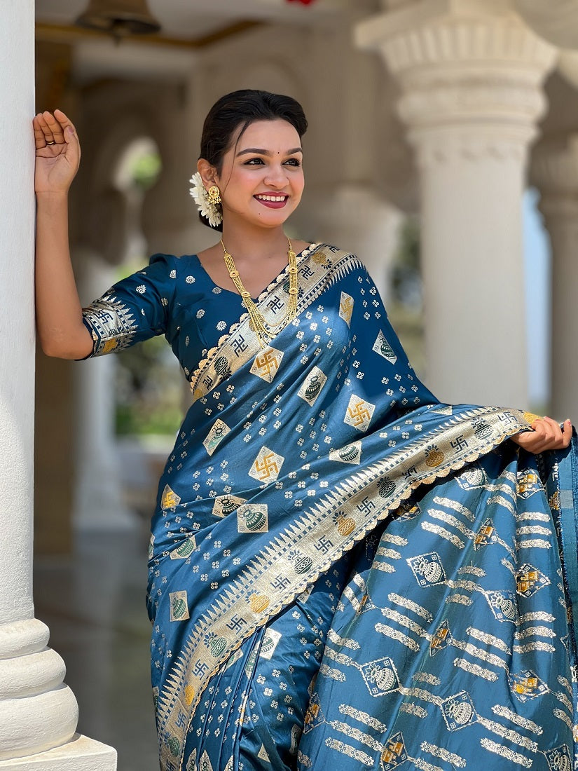 Teal Soft Dolla Silk Meenakari Weaving Saree With Unstitched Blouse