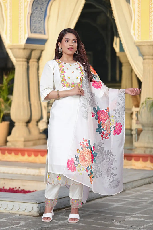 Women's Beautiful Chanderi Fabric Embroidery Work Straight Kurta Pant and Dupatta Set