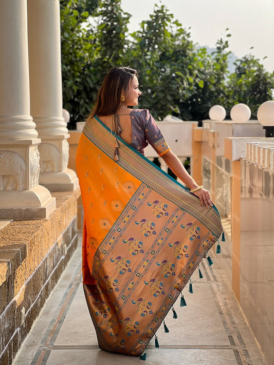 Mustard Soft Paithani Silk Meenakari Weaving Saree With Unstitched Blouse